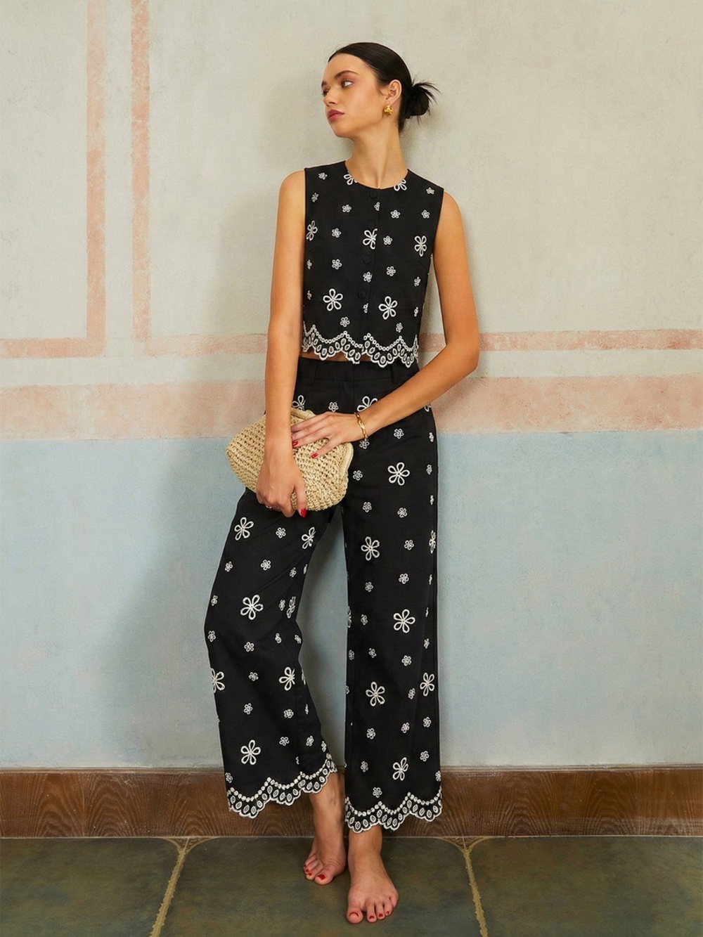 COMMENSE Embroidered Eyelet Floral Wide-Leg Pant Set